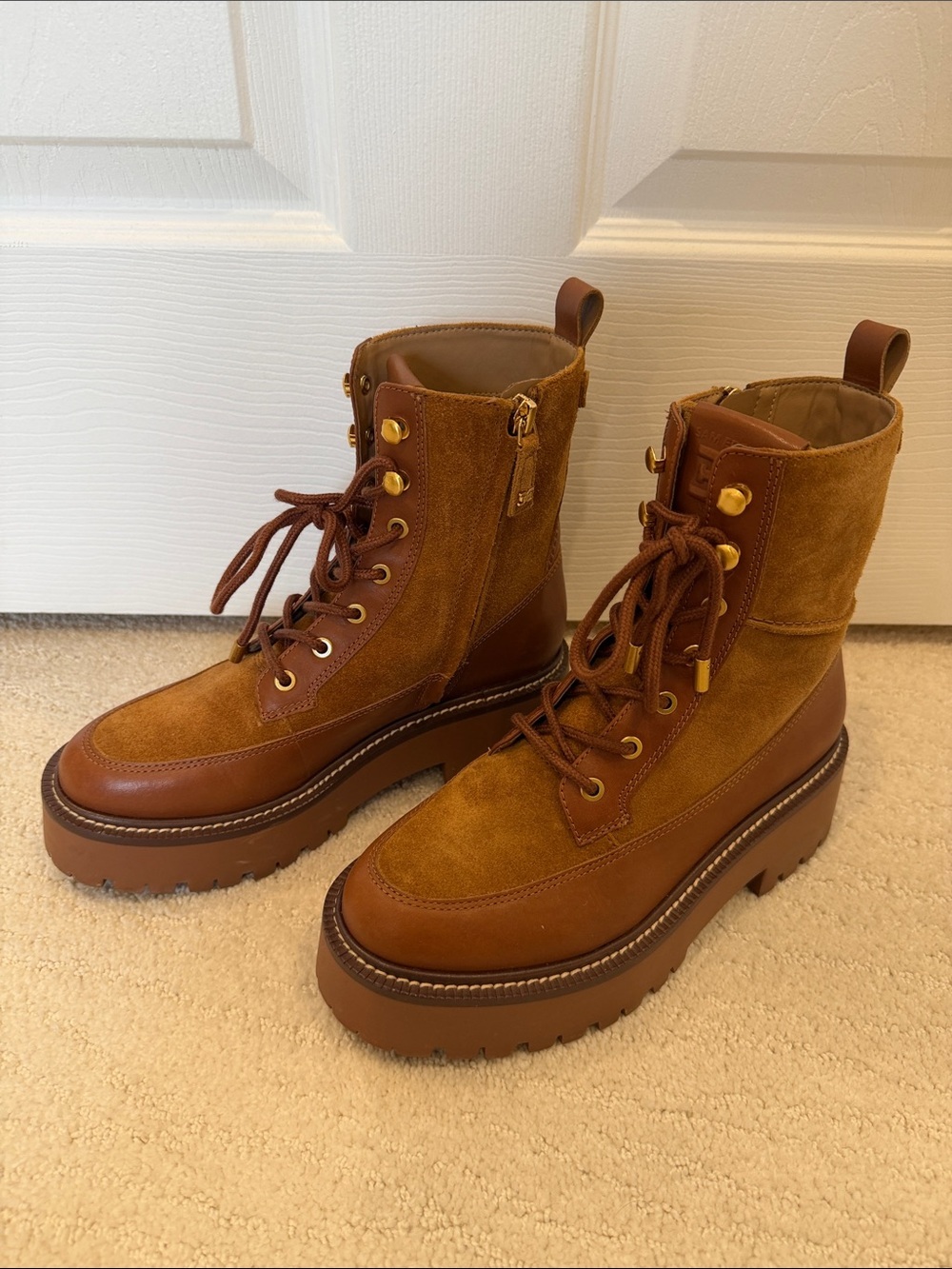 Sam Edelman Chestnut Tan Suede & Leather Lace-Up Lug Boots, Size 6